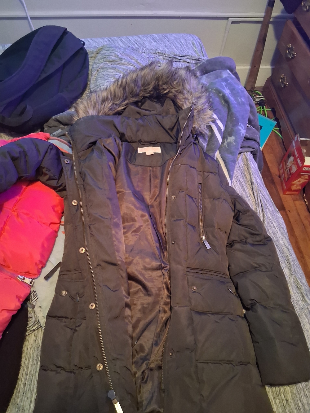 Michael Kors Black Quilted Long Puffer Coat with Faux Fur Trim